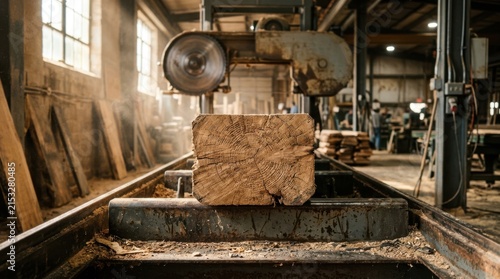Massive heavy timber log waiting for sharp industrial band saw cutting in rustic workshop wood mill