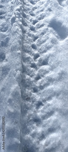 Car tracks in the snow, winter tire tread, wheel texture.