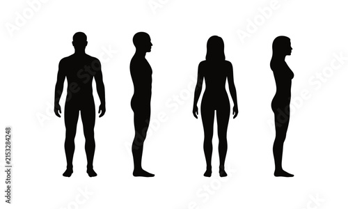 Set of male and female human body silhouettes in front and side views isolated on white background