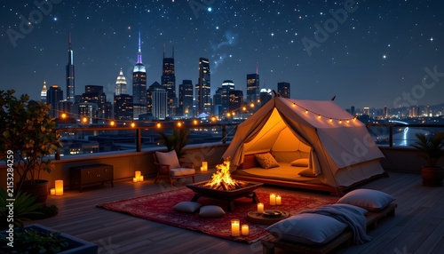 luxury rooftop camping under the stars, stylish tent surrounded by warm fairy lights, barbecue grill with glowing coals, low picnic table, candles and cushions, spectacular nighttime city skyline
