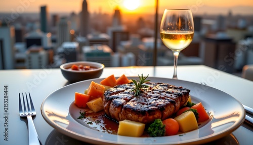 premium grilled steak dinner on a luxury rooftop at sunset, perfectly cooked ribeye steak on a ceramic plate, grilled vegetables, rosemary, elegant cutlery, cocktail glass, breathtaking city skyline