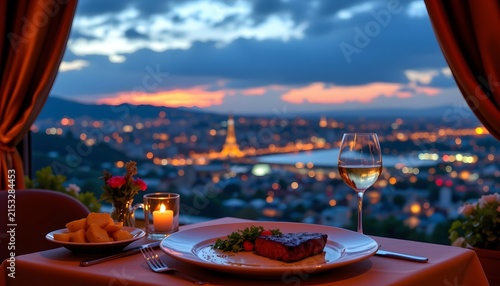 romantic steak dinner overlooking a glowing city skyline, tender filet steak, creamy sauce, roasted potatoes, cocktail, candles and flowers, sunset transitioning into twilight