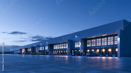 Large logistics distribution center with numerous loading bays illuminated under dark blue evening sky.