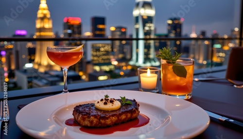 luxury rooftop dining at night, tender steak with herb butter, elegant cocktail, candles and polished cutlery, skyscrapers illuminated in the background, moody warm lighting