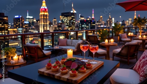 nighttime rooftop cocktail reception with gourmet steak, bite sized steak appetizers, elegant cocktails, glowing candles, modern furniture, sparkling skyscraper lights, sophisticated party atmosphere