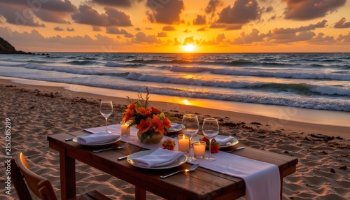 luxury beachside dinner for two at golden hour, beautifully decorated wooden table, white linen napkins, candles, tropical flowers, elegant plates and wine glasses, soft waves reaching the shore