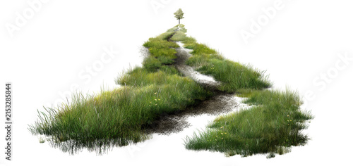 Canvas Print Sharp high-resolution green meadow landscape with a winding pathway and lone tree isolated on a white background