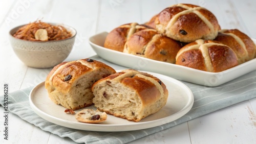 Freshly baked hot cross buns served on a white plate with sweet toppings and a cozy atmosphere