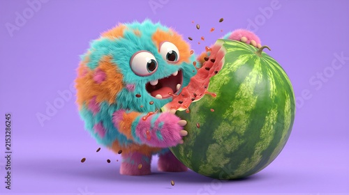 Funny fluffy monster eating a fresh ripe watermelon. Cute creature with colorful fur having a tasty summer fruit snack. Playful cartoon character design for children media and animation.