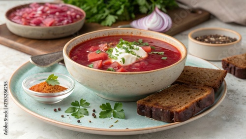 Freshly cooked homemade borscht served with bread and toppings on a table