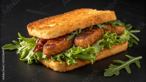 Fried hot sandwich filled with savory sausage and fresh salad leaves served on golden bread