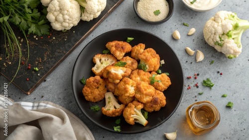 Crispy fried cauliflower florets on a black plate with fresh herbs and sauces