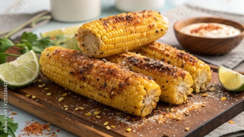 Delicious fried corn on the cob topped with spices, served with lime and dipping sauce at a summer gathering outdoors