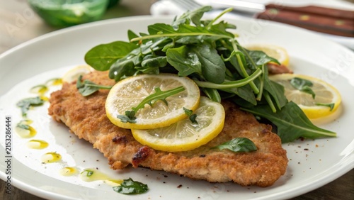 Fried veal fillet served with fresh arugula, lemon slices, and spinach on a white plate