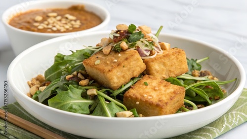 Fried tofu served with fresh green salad and nut dressing on a light background