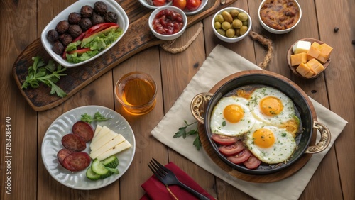 Arrangement of assorted dishes featuring eggs, meats, and vegetables on a wooden table