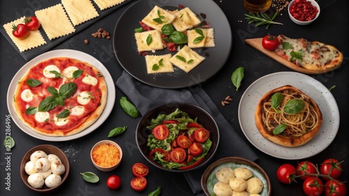 Vibrant Italian meal display featuring pizza, pasta, and fresh ingredients on a rustic table