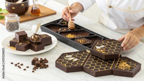 Geometric honeycomb chocolate bars are delicately styled in a bright kitchen setting
