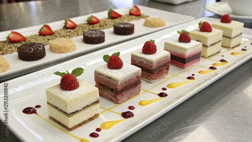 Geometric cube desserts elegantly arranged in neat rows ready for guests at a dessert showcase event