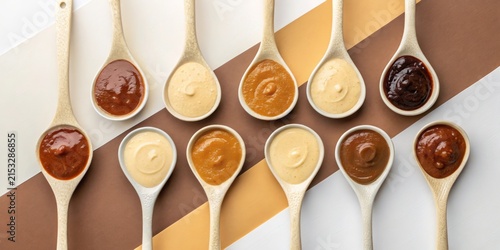 Creative arrangement of spoons with colorful purees in a geometric layout on a white surface