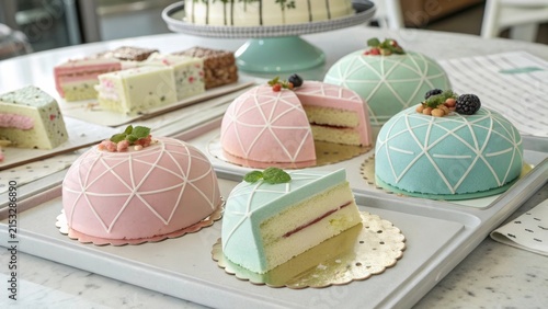 Colorful geometric pastel mousse cakes beautifully arranged in a grid on a table