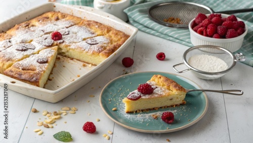 Delicious german butterkuchen topped with sugar and fresh raspberries on a rustic table