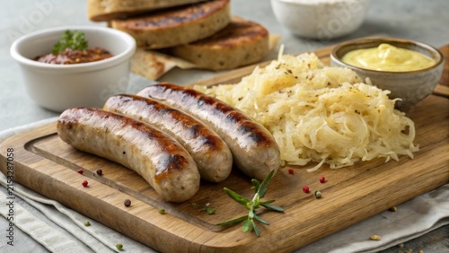 Juicy German bratwurst served with tangy sauerkraut and tasty mustard on a wooden board