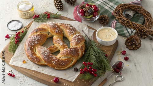 Festive German bretzel wreath displayed on a wooden board amidst holiday decorations