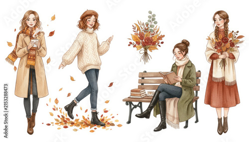 Autumn watercolor illustration, sticker set, cozy outfits, fall aesthetics, women with coffee, autumn leaves, sweater weather, reading on a bench, floral arrangement, autumn colors, seasonal style