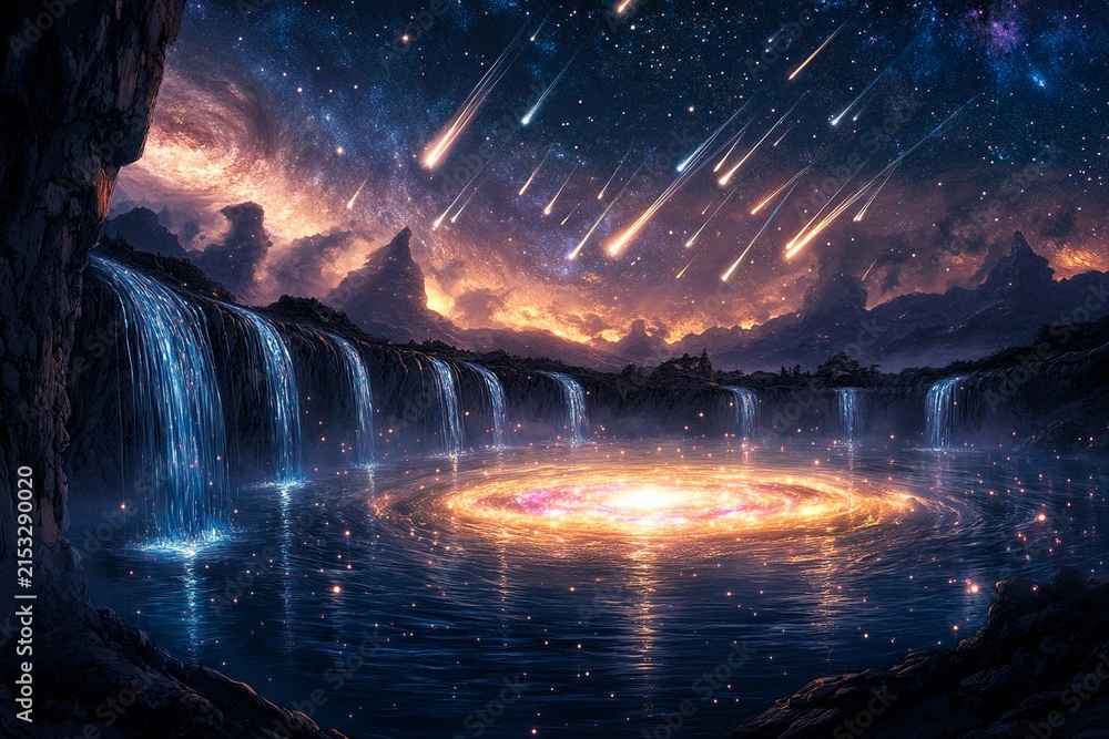 Obraz premium Cosmic landscape where shooting stars cascade into a vibrant galaxy under a starlit sky