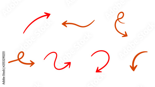 Hand Drawn Red Arrow Scribble Pointer Curved Line Set Vector Illustration