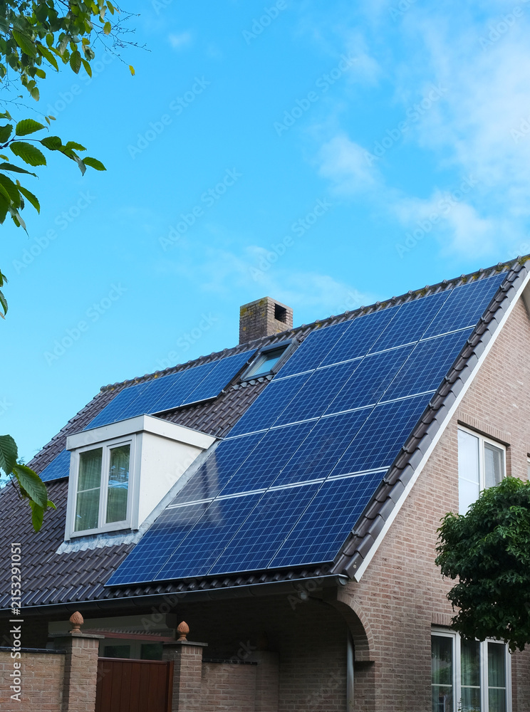 Fototapeta premium Modern Residential Home with Rooftop Solar Panels for Renewable Energy