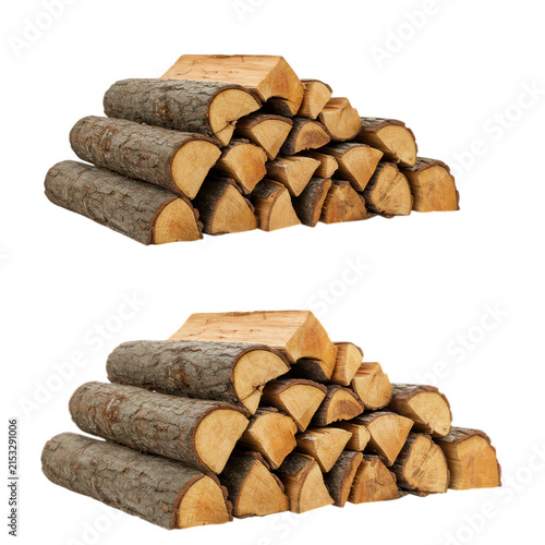 Two piles of firewood logs stacked neatly isolated on transparent background
