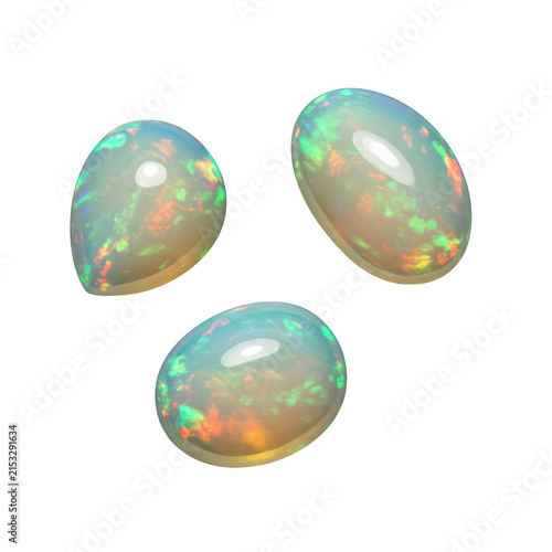 Three opals gemstones isolated on transparent background
