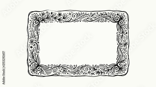 Hand-drawn ornate rectangular frame with intricate floral and swirl patterns on a white background, perfect for invitations or labels.