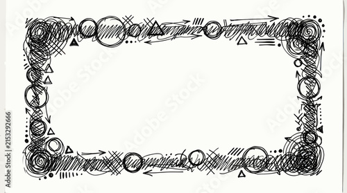 Hand-drawn sketchy doodle frame with abstract shapes, circles, triangles, and arrows on a white background, perfect for design elements or borders.