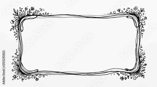 Hand-drawn black and white decorative rectangular frame with organic floral and leafy embellishments.