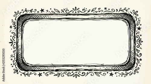 Hand-drawn vintage style rectangular frame with decorative floral and star border on a light background, perfect for labels or text.