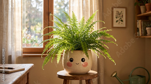 A cheerful, smiling ceramic planter with a cute face and rosy cheeks, holding a lush green fern plant, sitting on a rustic wooden stool in a cozy room