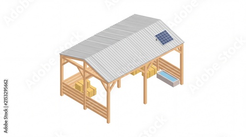 Isometric wooden farm shelter featuring yellow hay bales and a modern blue solar panel on a corrugated metallic roof against a clean white background for sustainable agricultural design and planning.