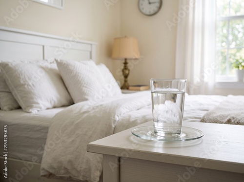 Foto Clear glass of fresh water on a nightstand beside a cozy white bed in a bright bedroom setting