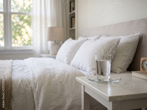 Canvastavla Clear glass of fresh water on a nightstand beside a cozy white bed in a bright bedroom setting