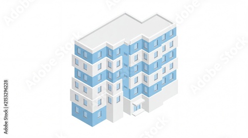 Modern isometric apartment building rendered in clean white and soft blue colors featuring a minimalist architectural design style isolated on a plain white background for commercial real estate proje