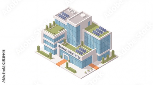 Modern sustainable laboratory building featuring eco friendly green roofs with solar panels and high tech glass windows showcased in a clean isometric digital art style on a plain white background