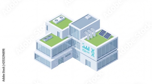 Modern sustainable laboratory building featuring eco friendly green roofs with solar panels and high tech glass windows showcased in a clean isometric digital art style on a plain white background