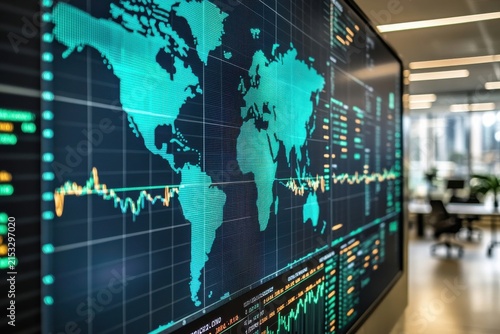Financial trends showcased on world map in a modern office environment for global market analysis