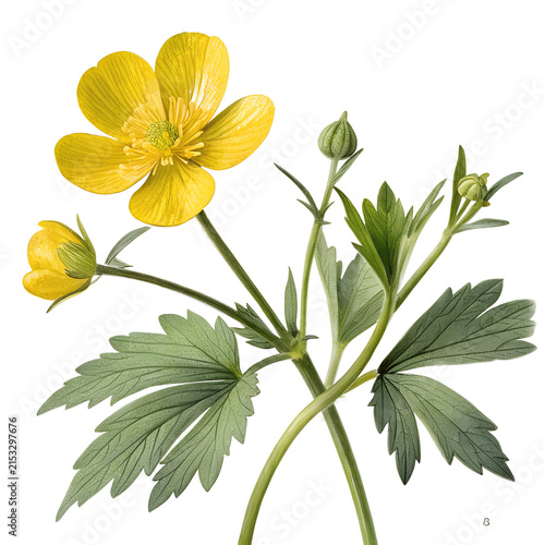 Vintage botanical illustration of a yellow buttercup flower with green leaves on a white background.