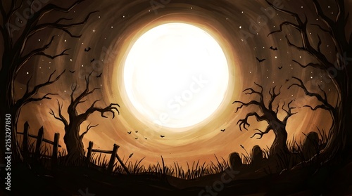A spooky full moon shines over a dark forest landscape to wish everyone a happy halloween night