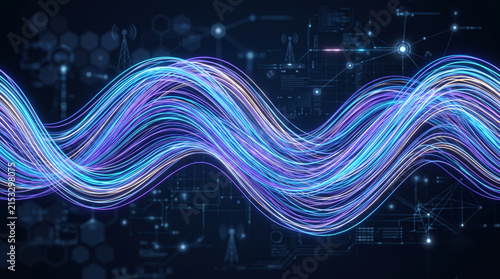 Futuristic technology background with flowing blue and purple neon data waves over a digital network interface, vibrant filter, ideal for AI, 5G, fintech and cybersecurity designs.