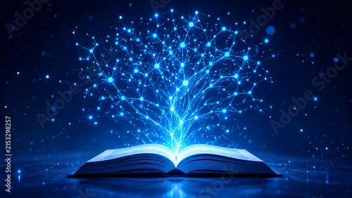 Glowing open book projecting a blue digital knowledge tree with connected data nodes, cinematic filter and copy space for AI, e-learning, innovation and future education designs.